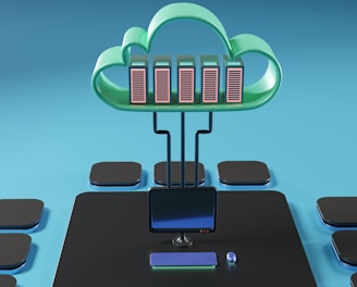 A cloud-shaped object with server racks is connected via cables to a computer monitor. The setup is surrounded by several black squares on a blue background, evoking concepts of cloud computing and data networks.