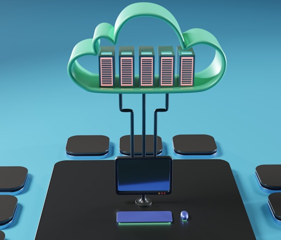 A cloud-shaped object with server racks is connected via cables to a computer monitor. The setup is surrounded by several black squares on a blue background, evoking concepts of cloud computing and data networks.